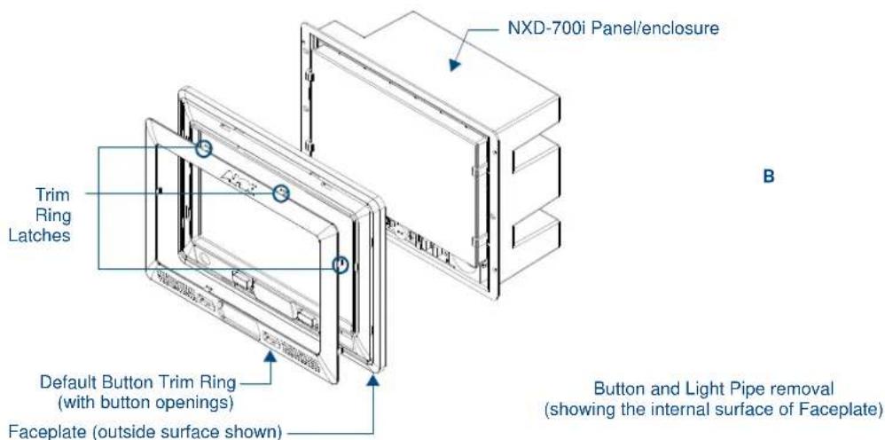 NXD-700i Panel/enclosure Trim Ring Latches Default Button Trim Ring (with button openings) Faceplate (outside surface shown) Button and Light Pipe removal (showing the internal surface of Faceplate) B