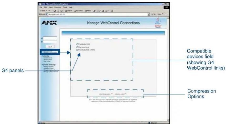 AMX - Microsoft Internet Explorer File Edit View Favorites Tools Help Address: http://12.123.123.123 Manage WebControl Connections G4 panels Connects Connect Level Connect Level Connect Level Systems Settings Manage Settings Manage Volume Manage Link to Devices Manage Link to Services Use Compression " Use line color " Save and/or Advanced Frameworks and Programs for Mechanical or Electrical Engineering (e.g. WebControl links) Compression Options