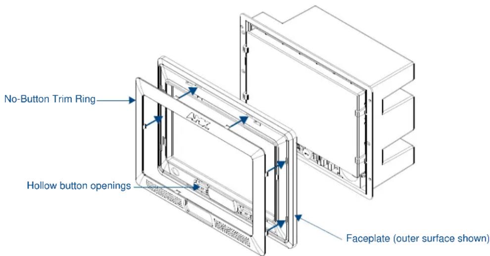 No-Button Trim Ring Hollow button openings Faceplate (outer surface shown)