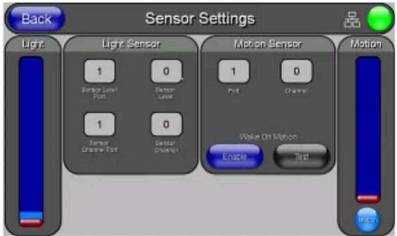 Back Sensor Settings Light Light Sensor Motion Sensor Motion 1 0 Sensor Level Pots Sensor Level 1 0 Sensor Channel Pots Sensor Channel 1 0 Pots Champs Wake On Motion Enable Test OK