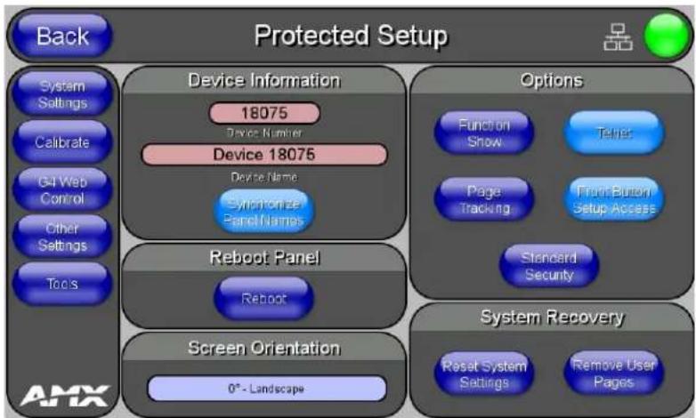 Back Protected Setup System Settings Calibrate G4 Web Control Other Settings Tools Device Information 18075 Device Number Device 18075 Device Name Synchronize Panel Names Options Function Show Telnet Page Tracking Front Button Setup Access Standard Security Reboot Panel Reboot Screen Orientation 0° - Landscape System Recovery Reset System Settings Remove User Pages