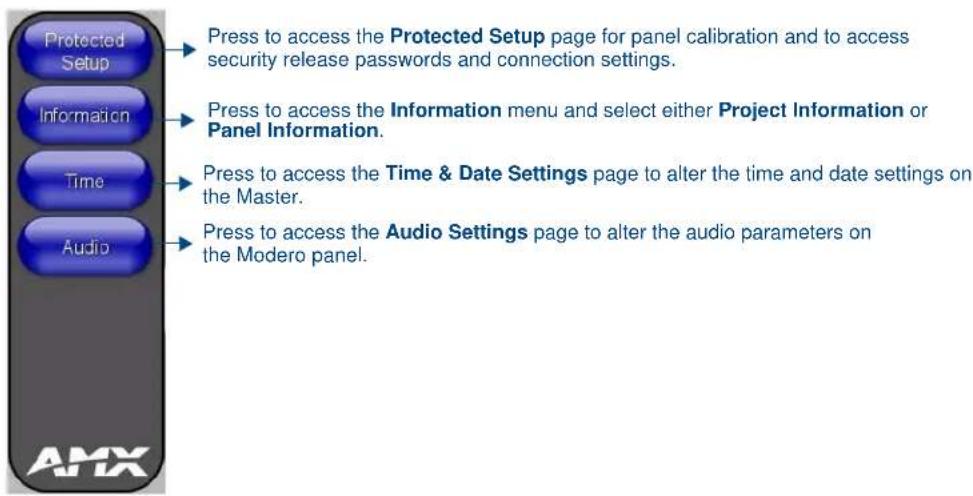 Protected Setup Information Time Audio Press to access the Protected Setup page for panel calibration and to access security release passwords and connection settings. Press to access the Information menu and select either Project Information or Panel Information. Press to access the Time & Date Settings page to alter the time and date settings on the Master. Press to access the Audio Settings page to alter the audio parameters on the Modero panel.
