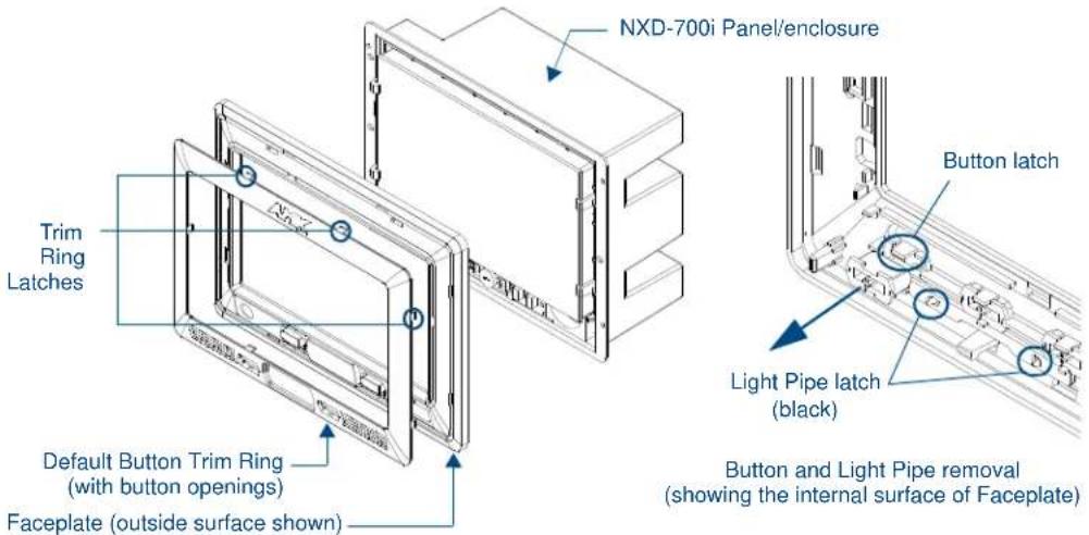 NXD-700i Panel/enclosure Trim Ring Latches Default Button Trim Ring (with button openings) Faceplate (outside surface shown) Button latch Light Pipe latch (black) Button and Light Pipe removal (showing the internal surface of Faceplate)