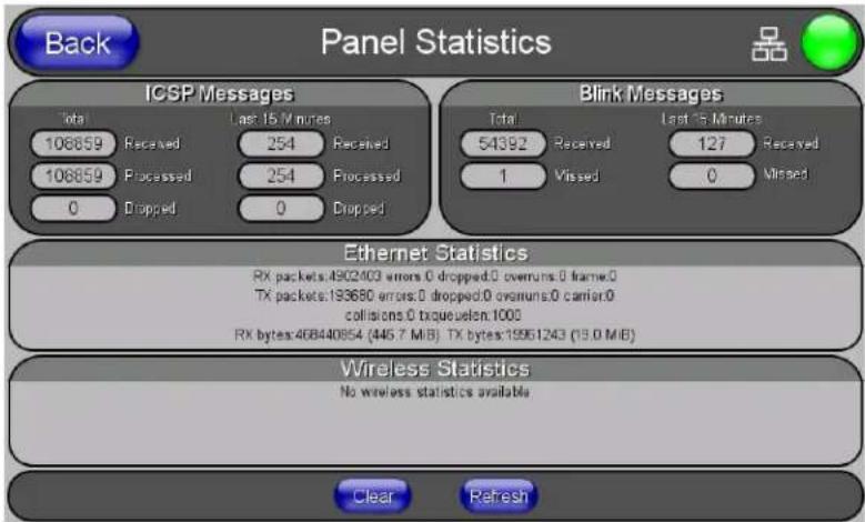 Back Panel Statistics ICSP Messages Total Last 15 Minutes 106859 Received 254 Received 106859 Processed 254 Processed 0 Dropped 0 Dropped Blink Messages Total Last 15 Minutes 54392 Received 127 Received 1 Vissed 0 Missed Ethernet Statistics RX packets:4902403 errors:0 dropped:0 overruns:0 frame:0 TX packets:193680 errors:0 dropped:0 overruns:0 carrier:0 collisions:0 txqueuelen:1000 RX bytes:468440854 (445.7 MB) TX bytes:19961243 (19.0 MB) Wireless Statistics No wireless statistics available Clear Refresh