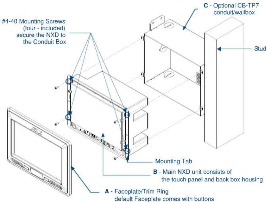 #4-40 Mounting Screws (four - included) secure the NXD to the Conduit Box C - Optional CB-TP7 conduit/wallbox Stud Mounting Tab B - Main NXD unit consists of the touch panel and back box housing A - Faceplate/Trim Ring default Faceplate comes with buttons