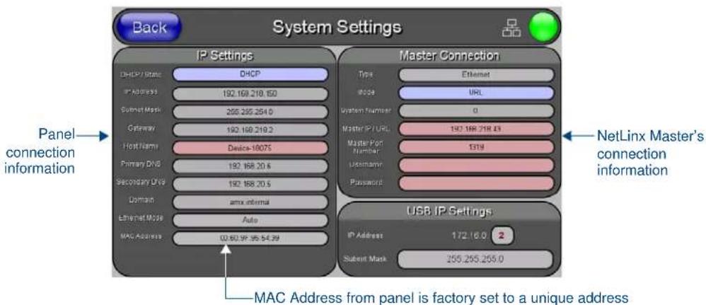 Back System Settings IP Settings DHCP/State: DHCP IP Address: 192.168.218.150 Submit Mask: 255.255.254.0 Gateway: 192.168.219.2 Host Name: Devices-18075 Primary DNS: 192.168.20.6 Secondary DNS: 192.168.20.5 Domain: amx internal Ethernet Mode: Auto MAC Address: 03.60.97.95-54.39 Master Connection Type: Ethernet IPDB: URL System Number: 0 Master IP URL: 192.168.218.15 Master Port Number: 1319 Username: Password: USB IP Settings IP Address: 172.16.0 2 Submit Mask: 255.255.255.0 Panel connection information NetLinx Master's connection information MAC Address from panel is factory set to a unique address