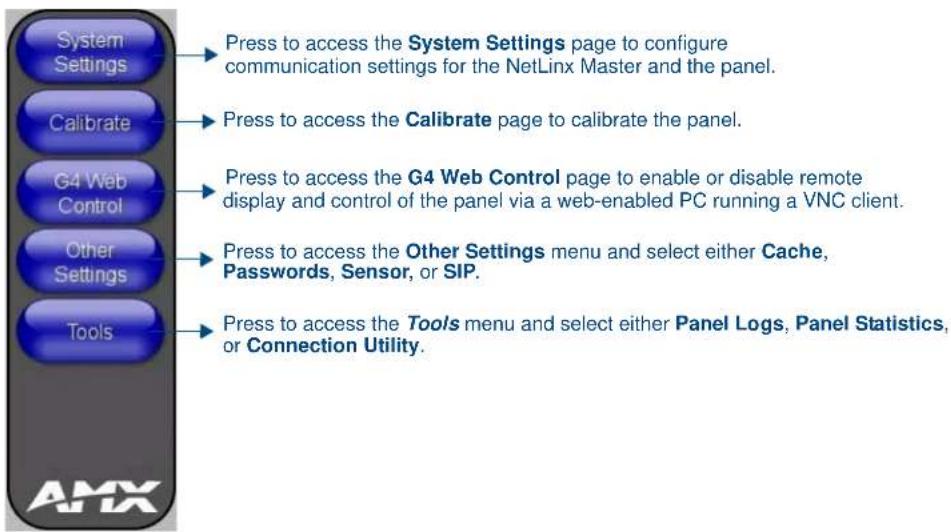 System Settings Press to access the System Settings page to configure communication settings for the NetLinx Master and the panel. Calibrate Press to access the Calibrate page to calibrate the panel. G4 Web Control Press to access the G4 Web Control page to enable or disable remote display and control of the panel via a web-enabled PC running a VNC client. Other Settings Press to access the Other Settings menu and select either Cache, Passwords, Sensor, or SIP. Tools Press to access the Tools menu and select either Panel Logs, Panel Statistics, or Connection Utility.