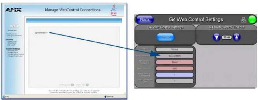 AMX Manage WebControl Connections Back G4 Web Control Settings G4 Web Control Settings G4 Web Control Tinsout 15 m Wind Device (80%) Flow OK 1 1 Data General