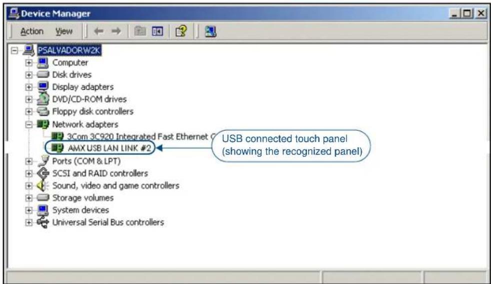 Device Manager Action View PSALVADORW2K Computer Disk drives Display adapters DVD/CD-ROM drives Floppy disk controllers Network adapters 3Com 3C920 Integrated Fast Ethernet C AMX USB LAN LINK #2 USB connected touch panel (showing the recognized panel) Ports (COM & LPT) SCSI and RAID controllers Sound, video and game controllers Storage volumes System devices Universal Serial Bus controllers
