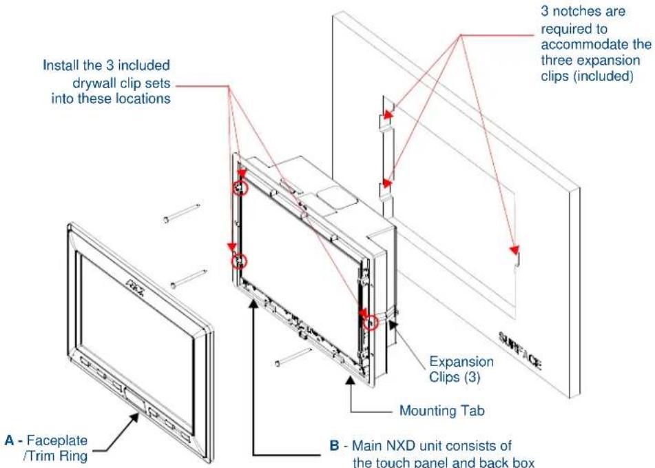 Install the 3 included drywall clip sets into these locations 3 notches are required to accommodate the three expansion clips (included) Expansion Clips (3) Mounting Tab A - Faceplate /Trim Ring B - Main NXD unit consists of the touch panel and back box