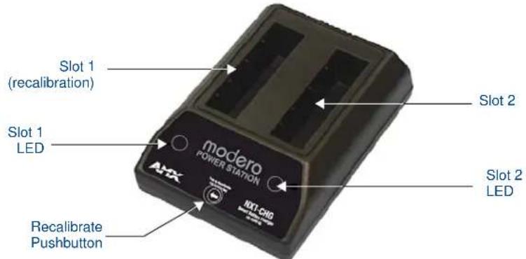 Slot 1 (recalibration) Slot 1 LED modero POWER STATION Acc NXT CHG Slot 2 Slot 2 LED Recalibrate Pushbutton