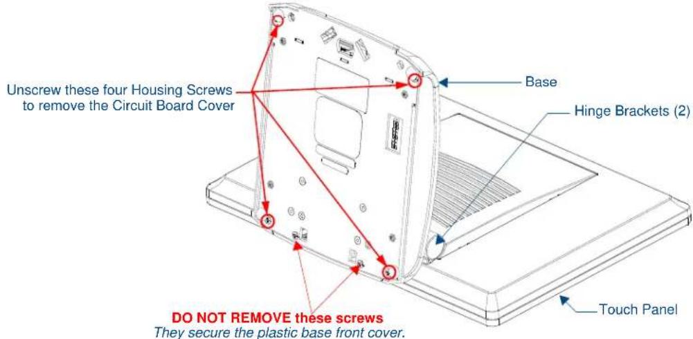 Unscrew these four Housing Screws to remove the Circuit Board Cover Base Hinge Brackets (2) DO NOT REMOVE these screws They secure the plastic base front cover. Touch Panel
