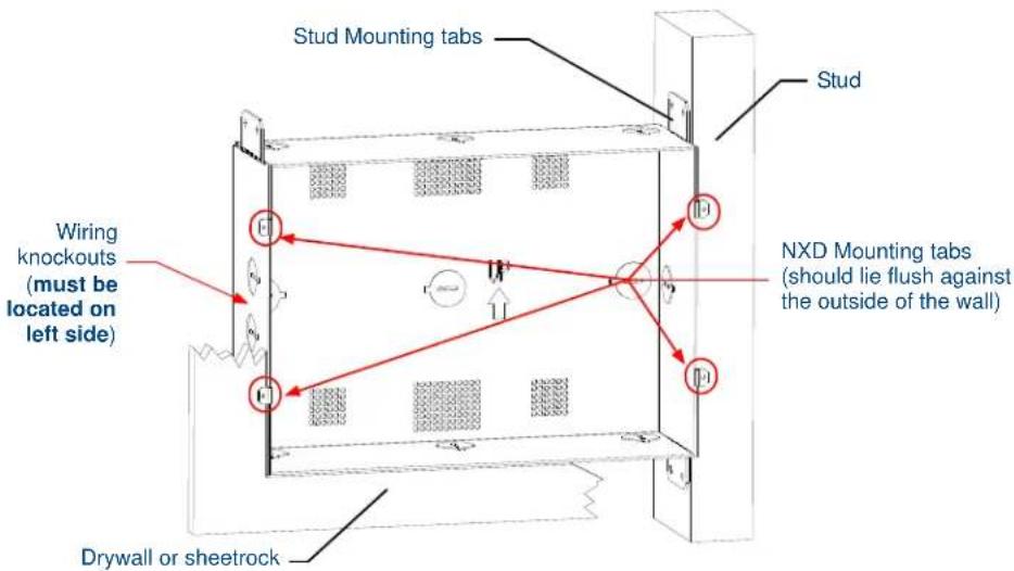 Stud Mounting tabs Stud Wiring knockouts (must be located on left side) NXD Mounting tabs (should lie flush against the outside of the wall) Drywall or sheetrock