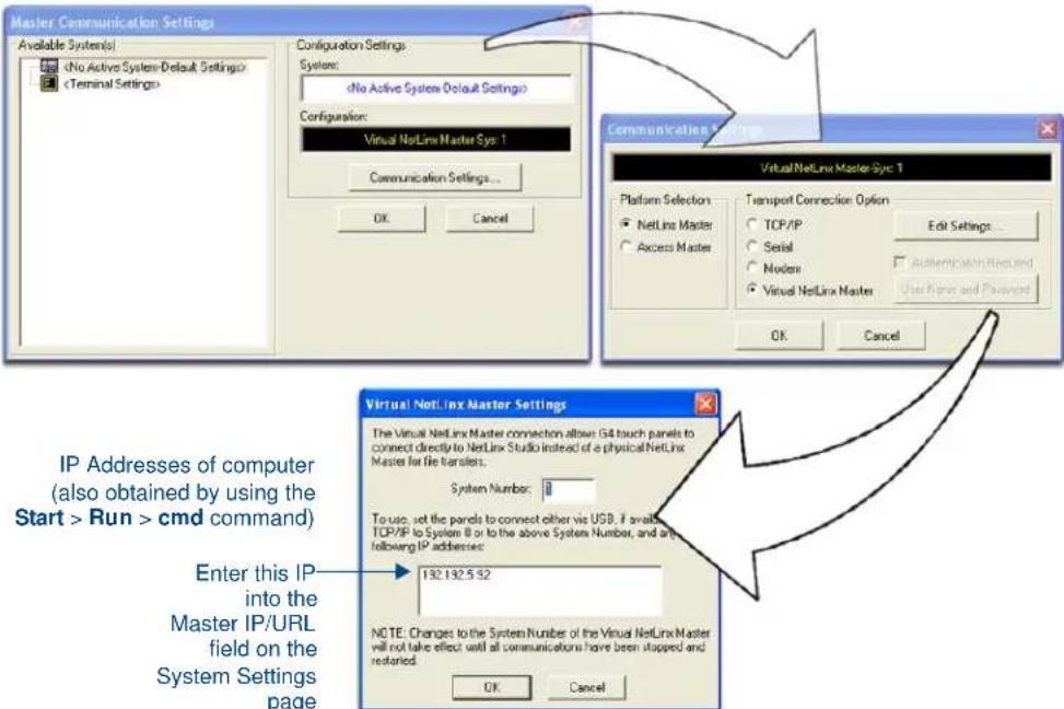 Master Communication Settings Available Systems: Configuration Settings: System: Configuration: Virtual NetLine Master Sys 1 Communication Settings... OK Cancel Communication Settings Virtual NetLine Master Sys 1 Platform Selection ● NetLine Master ○ Access Master Transport Connection Option ○ TCP/IP ○ Serial ○ Modem ○ Virtual NetLine Master Edit Settings... User Names and Passings OK Cancel Virtual NetLine Master Settings The Virtual NetLine Master connection allows G4 touch panels to connect directly to NetLine Studio instead of a physical NetLine Master for file transfers. System Number: 0 To use, set the panels to connect other via USB, if available TCP/IP to System 8 or to the above System Number, and any following IP addresses: 132.192.5.52 NOTE: Changes to the System Number of the Virtual NetLine Master will not take effect; will all communications have been stopped and restated OK Cancel IP Addresses of computer (also obtained by using the Start > Run > cmd command) Enter this IP- into the Master IP/URL field on the System Settings page