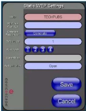 Static WEP Settings SSu TECHPUBS WEP-50 WEP 100 Generate Passenger Generate Set up key 1 WEL Key 1 2 3 4 Currently Open Active selection Save Cancel e Develop Case