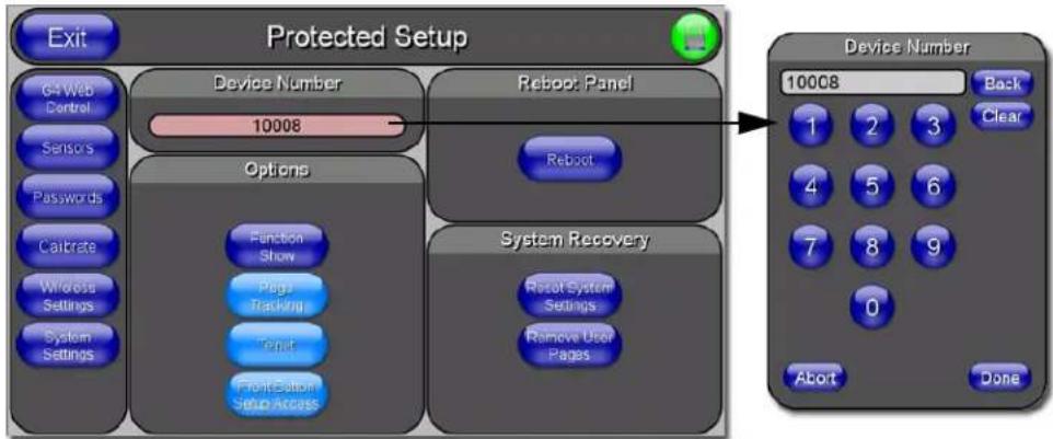Exit Protected Setup Device Number 10008 Reboot Panel Options Function Show Page Tracking System Print Front-Cation Setup Access System Recovery Reset System Settings Remove User Pages Device Number 10008 Back Clear 1 2 3 4 5 6 7 8 9 0 Abort Done