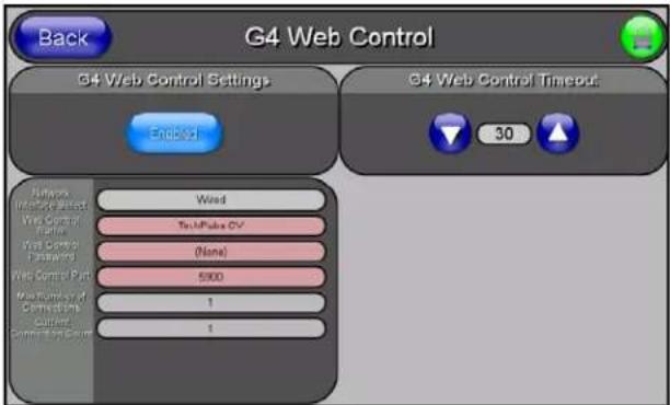 Back G4 Web Control G4 Web Control Settings Enbe21 G4 Web Control Timeout: 30 Wireless Interface/Select Web Control Ratio Web Control Passengers Web Control Part Main Number of Connections Current Connect to Course