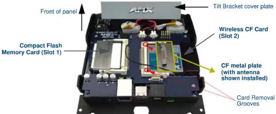 Front of panel Compact Flash Memory Card (Slot 1) Tilt Bracket cover plate Wireless CF Card (Slot 2) CF metal plate (with antenna shown installed) Card Removal Grooves