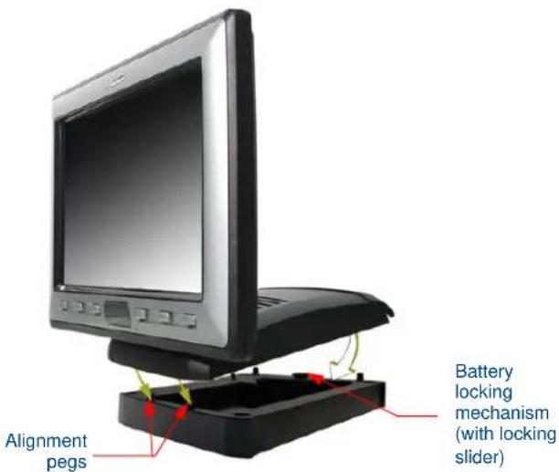 Alignment pegs Battery locking mechanism (with locking slider)