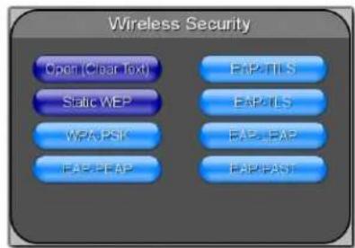 Wireless Security Open (Clear Text) Static WEP WPK PSK EAP-PE AP EAP-TTLS EAP-TLS EAP-PE AP EAP-PAST
