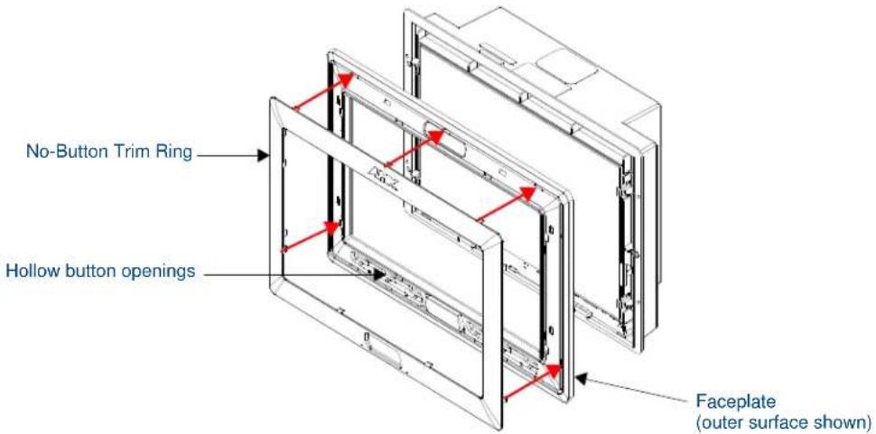 No-Button Trim Ring Hollow button openings Faceplate (outer surface shown)