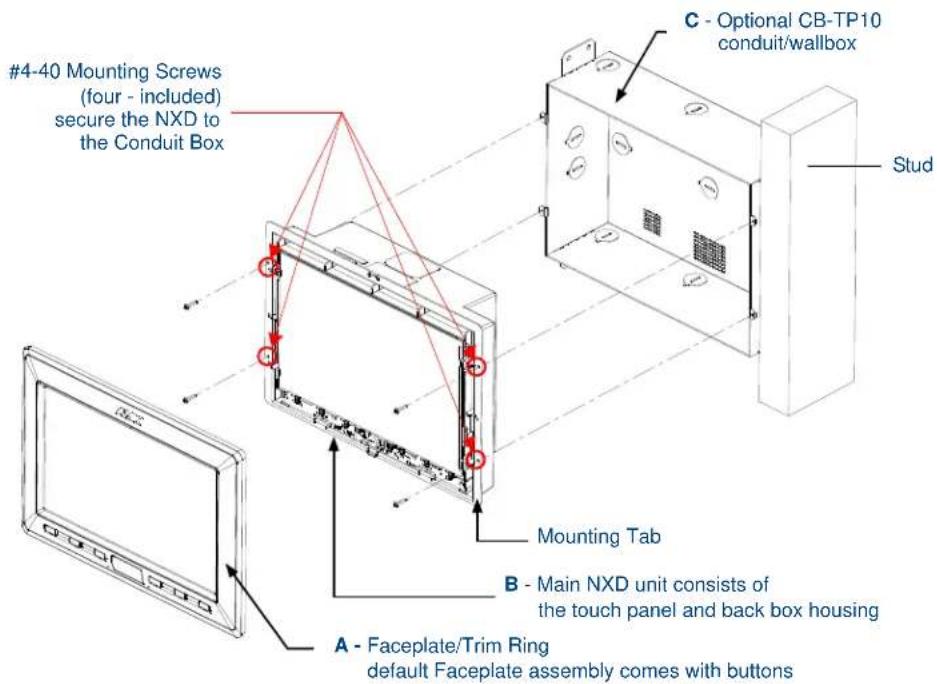 #4-40 Mounting Screws (four - included) secure the NXD to the Conduit Box C - Optional CB-TP10 conduit/wallbox Stud Mounting Tab B - Main NXD unit consists of the touch panel and back box housing A - Faceplate/Trim Ring default Faceplate assembly comes with buttons