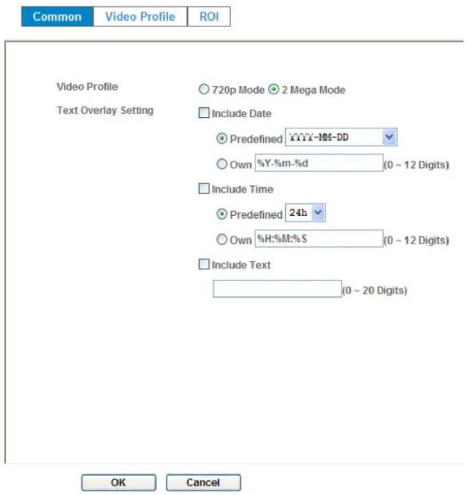 Common Video Profile ROI Video Profile ○ 720p Mode ● 2 Mega Mode Text Overlay Setting □ Include Date ● Predefined YYYY-MM-DD ○ Own %Y-%m-%d (0 ~ 12 Digits) □ Include Time ● Predefined 24h ○ Own %H:%M:%S (0 ~ 12 Digits) □ Include Text (0 ~ 20 Digits) OK Cancel