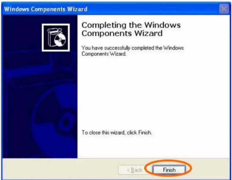 Windows Components Wizard Completing the Windows Components Wizard You have successfully completed the Windows Components Wizard. To close this wizard, click Finish. < Back Finish