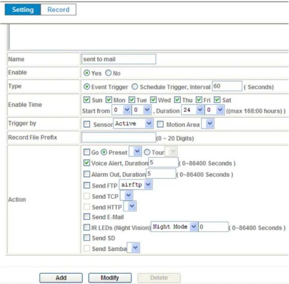 Setting Record Name sent to mail Enable Yes No Type Event Trigger Schedule Trigger, Interval 60 (Seconds) Enable Time Sun Mon Tue Wed Thu Fri Sat Start from 0 0 , Duration 24 0 ((max 168:00 hours)) Trigger by Sensor Active Motion Area Record File Prefix (0 ~ 20 Digits) Action Go Preset Tour Voice Alert, Duration 5 (0~86400 Seconds) Alarm Out, Duration 5 (0~86400 Seconds) Send FTP airftp Send TCP Send HTTP Send E-Mail IR LEDs (Night Vision) Night Mode 0 (0~86400 Seconds) Send SD Send Samba Add Modify Delete