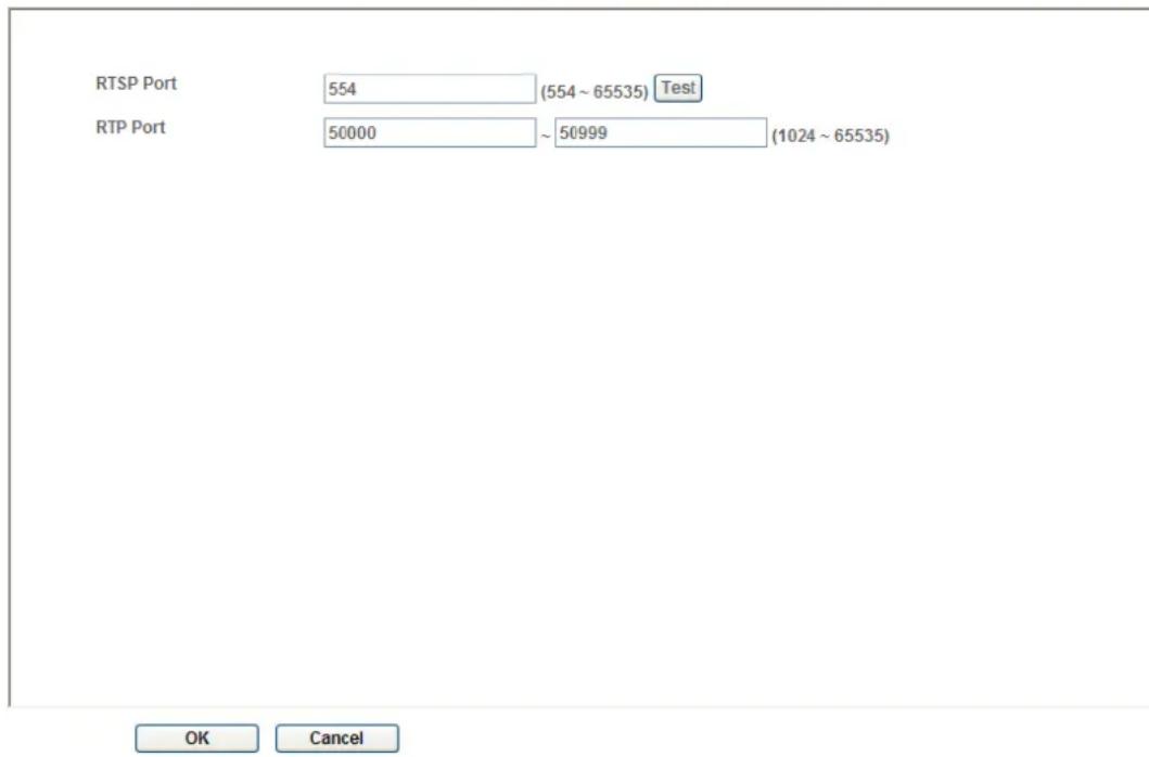 RTSP Port 554 (554 ~ 65535) Test RTP Port 50000 ~ 50999 (1024 ~ 65535) OK Cancel