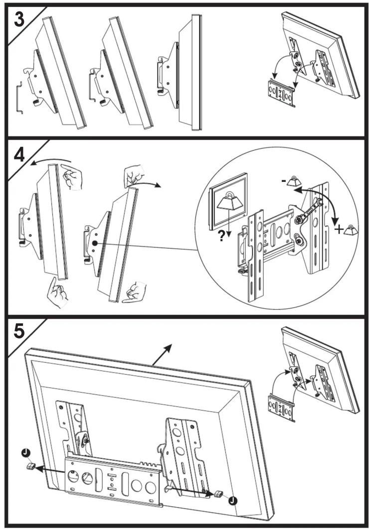 Technical diagram illustrating five steps of installing a wall-mounted device, showing component assembly and lighting changes.