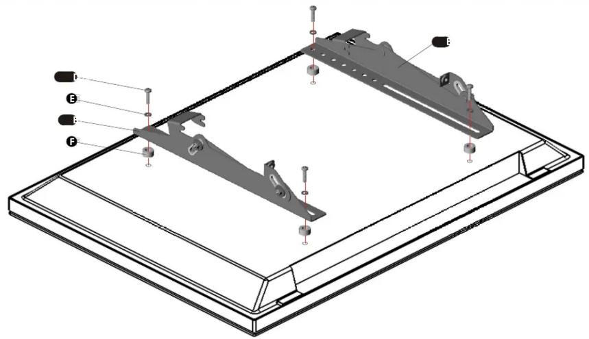 Technical diagram of a mechanical assembly with labeled components (A, B, C, D, E, F) and mounting points.