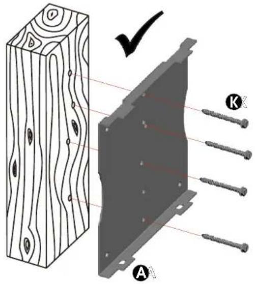 Technical diagram showing a wooden post next to a metal plate with screw holes and a checkmark indicating inspection.