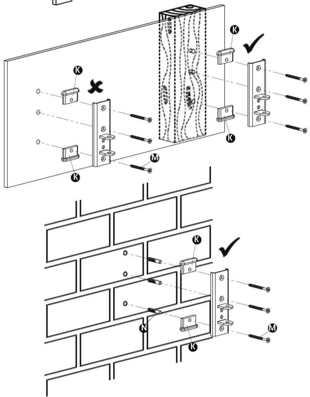 Technical diagram showing installation of a wall-mounted device with labeled components and assembly steps