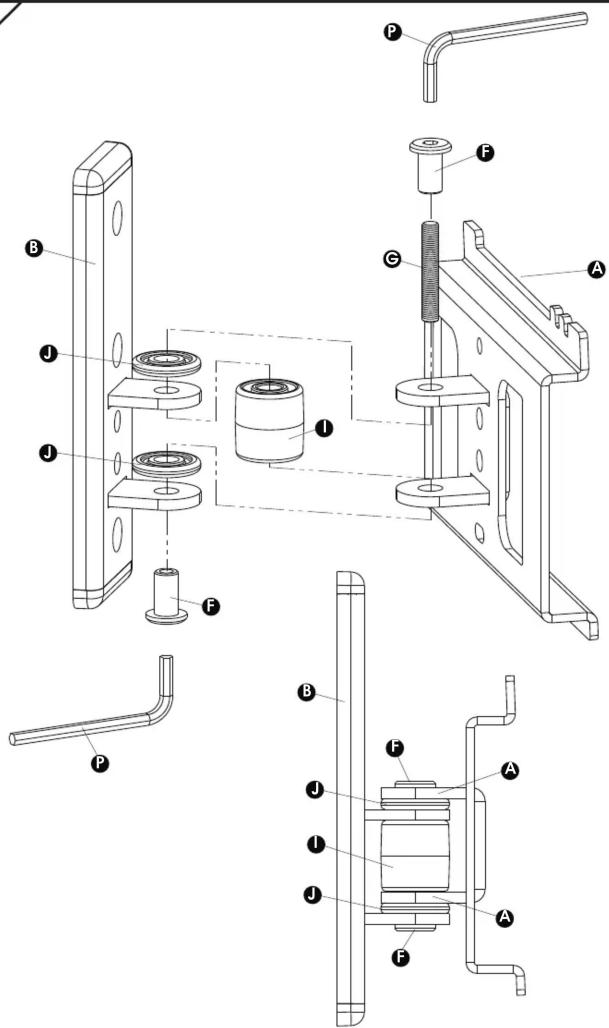 Technical diagram of a mechanical assembly with labeled parts A, B, C, D, E, F and numbered components 1 to 8