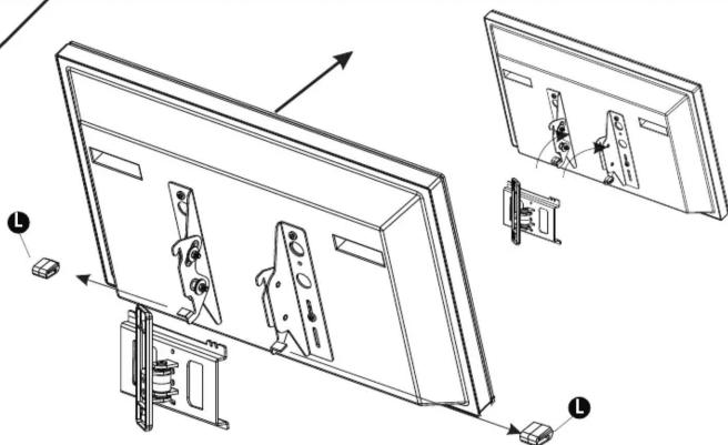 Technical diagram showing exploded view of a TV panel with labeled components and directional arrows indicating assembly or installation.