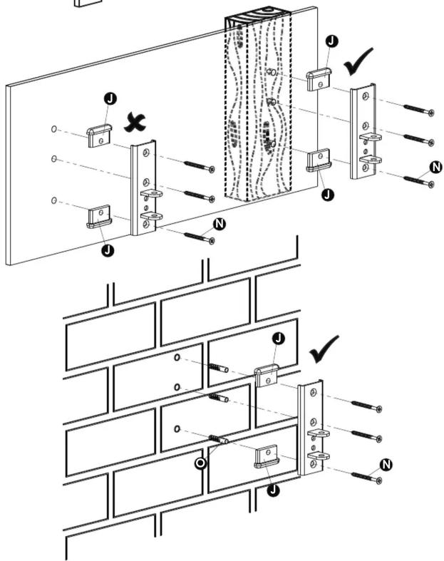 Technical diagram showing installation of a wall-mounted device with labeled components and assembly steps