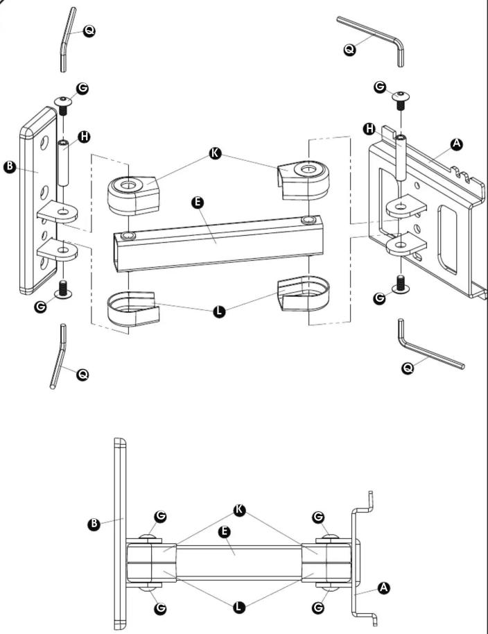 Technical diagram of a mechanical assembly with labeled parts and exploded views
