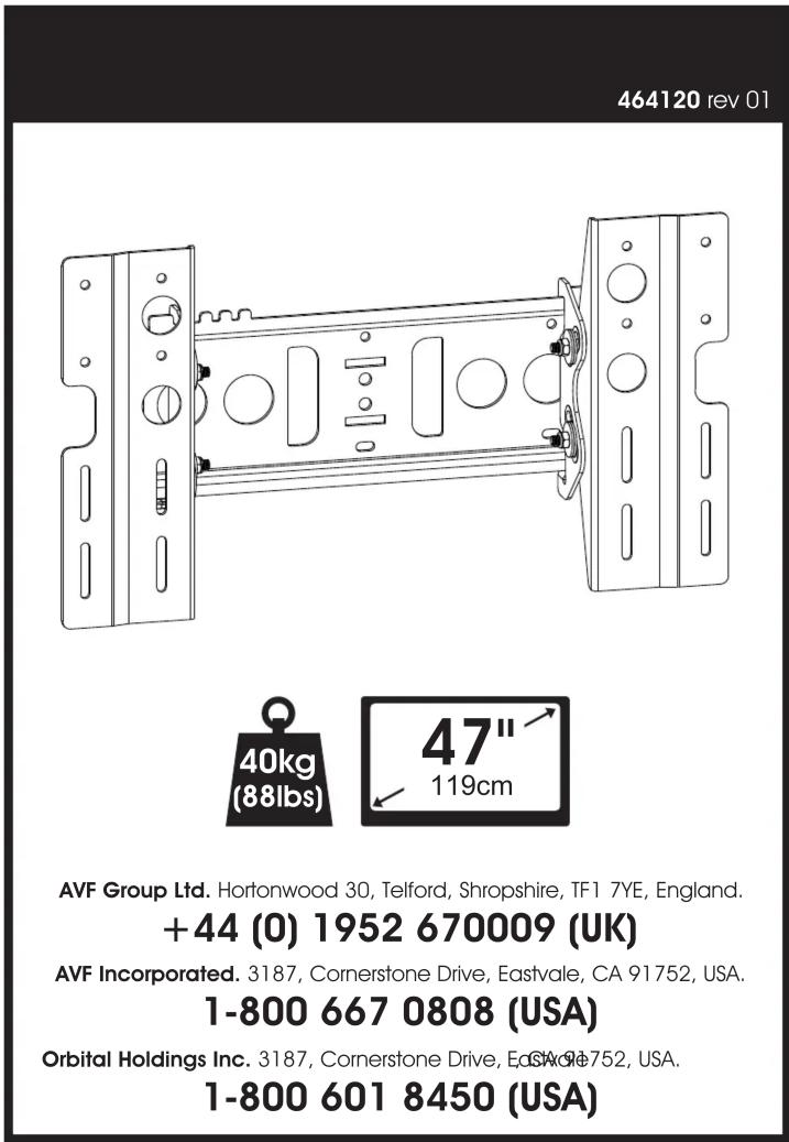 464120 rev 01 40kg (88lbs) 47" 119cm AVF Group Ltd. Hortonwood 30, Telford, Shropshire, TF1 7YE, England. +44 (0) 1952 670009 (UK) AVF Incorporated. 3187, Cornerstone Drive, Eastvale, CA 91752, USA. 1-800 667 0808 (USA) Orbital Holdings Inc. 3187, Cornerstone Drive, Eastvale, CA 91752, USA. 1-800 601 8450 (USA)