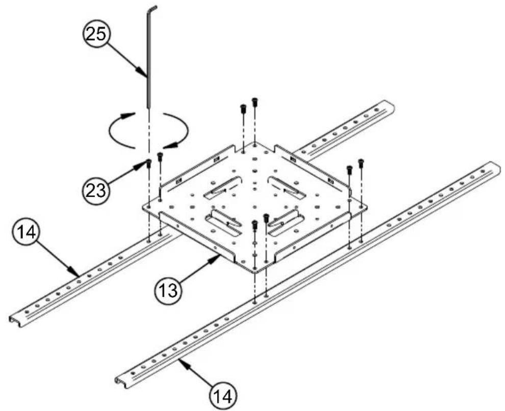 Technical diagram of a structural assembly with numbered components and directional arrows indicating motion or assembly.