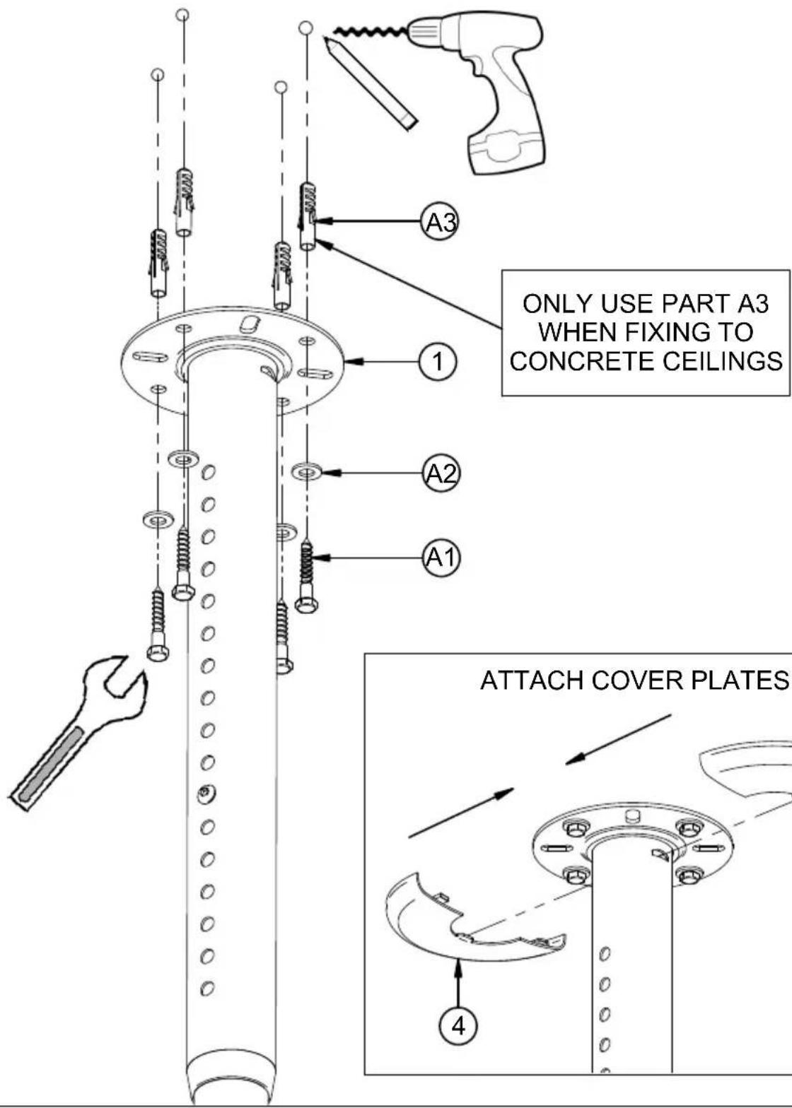ONLY USE PART A3 WHEN FIXING TO CONCRETE CEILINGS ATTACH COVER PLATES