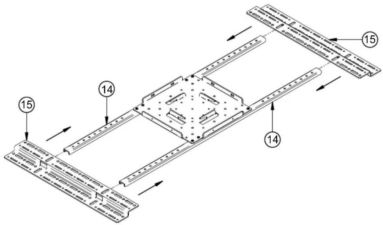 Technical diagram of a mechanical assembly with numbered components and directional arrows indicating assembly steps.