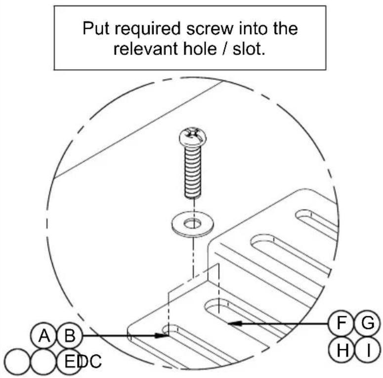 Put required screw into the relevant hole / slot. A B EDC F G H I