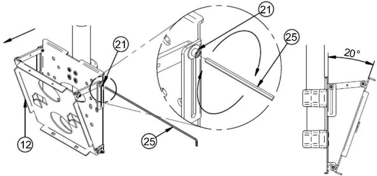 Technical diagram of a mechanical assembly with numbered components and angular dimension标注