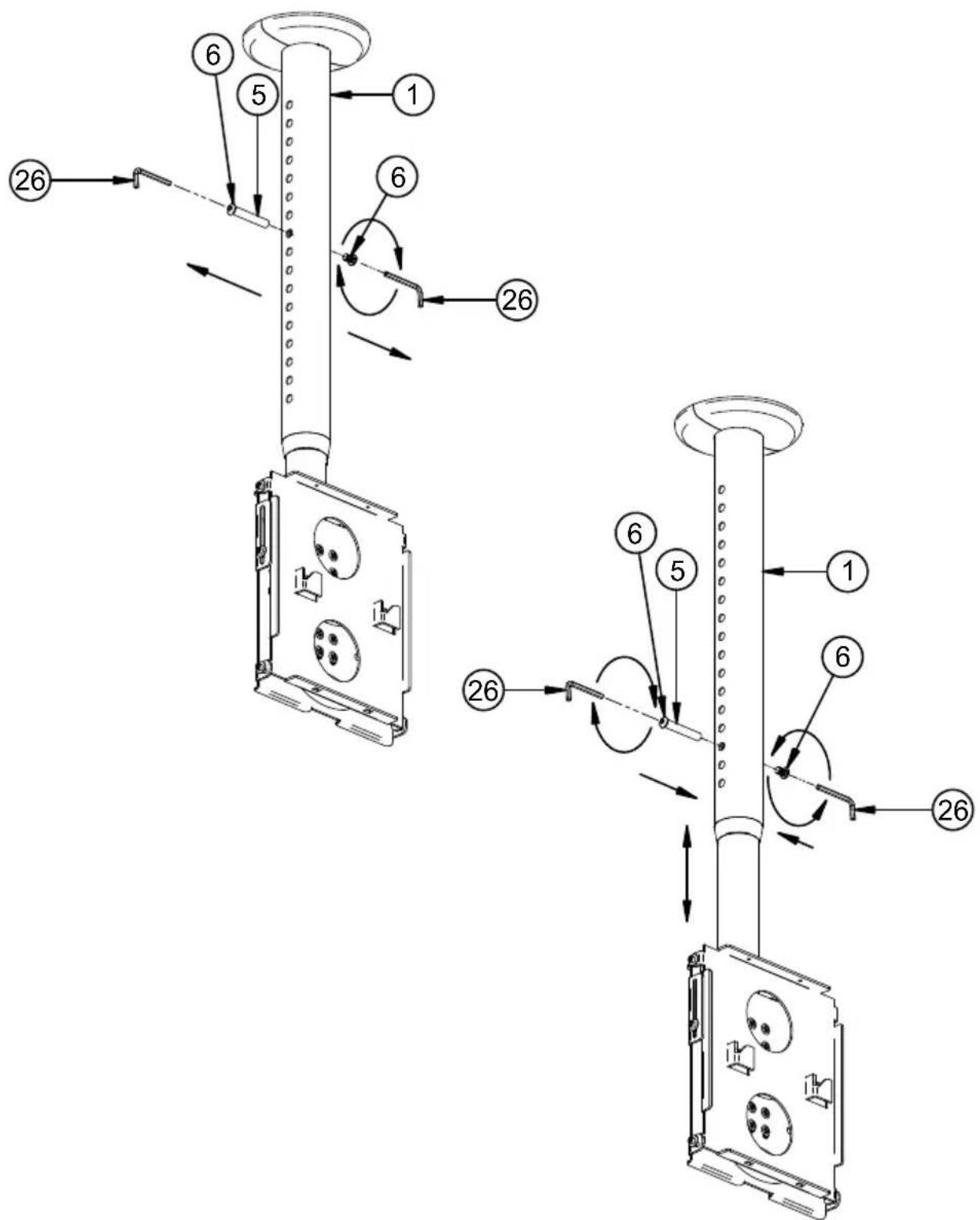Technical diagram of a mechanical assembly with numbered components and directional arrows indicating motion or assembly steps.