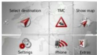 Select destination TMC Show map Settings Phone Extras