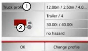 Truck profi① 12.00m / 2.50m / 4.0... Trailer / 4 30.00t / 40.00t no hazard OK Change profile