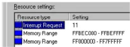 Resource settings: Resource type Setting Interrupt Request 11 Memory Range FF8EC000 - FFBEFFFF Memory Range FF000000 - FF7FFFFFF
