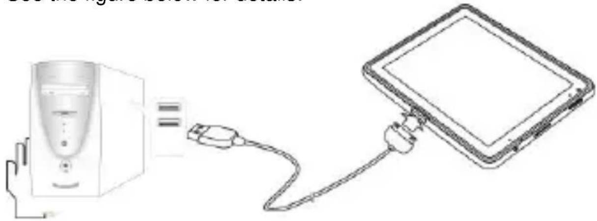 Line drawing showing a desktop computer connected to a tablet via cable (no text or symbols)