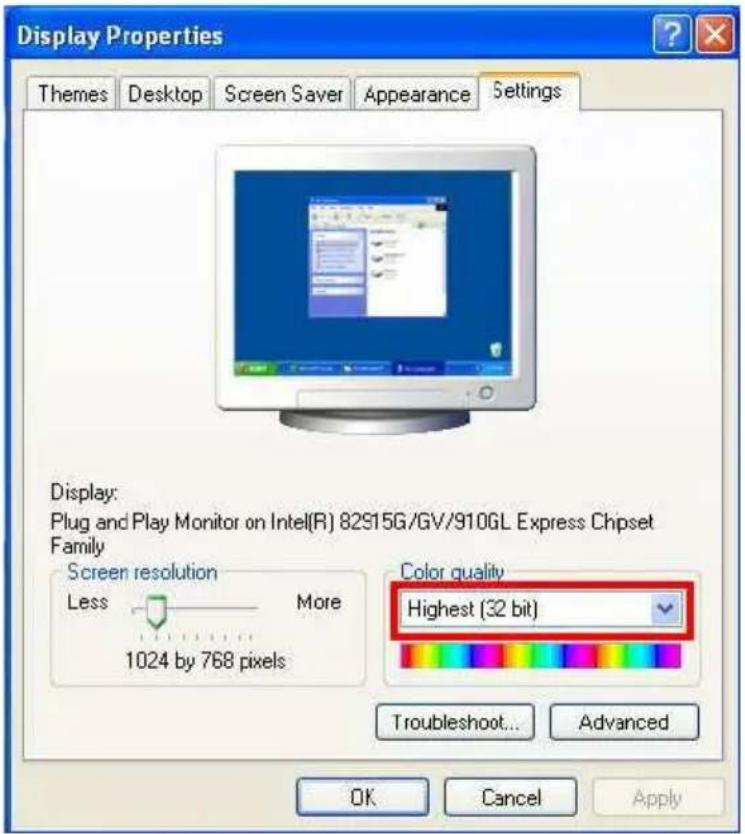 Display Properties Themes Desktop Screen Saver Appearance Settings Display: Plug and Play Monitor on Intel(R) 82915G/GV/910GL Express Chipset Family Screen resolution Less More 1024 by 768 pixels Color quality Highest (32 bit) Troubleshoot... Advanced OK Cancel Apply